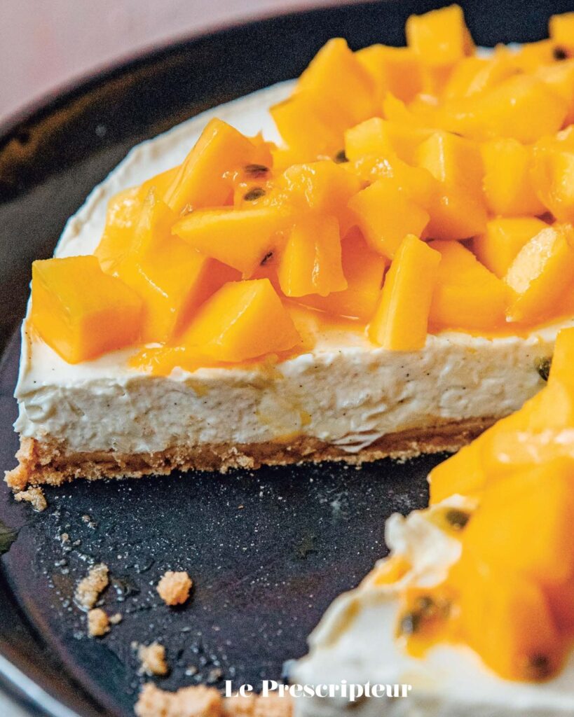 Recette cheesecake compatible grossesse cru végétalien cheffe Marion Flipo mangue passion vanille le prescripteur carnet gourmand de la future maman édition marabout crédit photo Emilie Guelpa